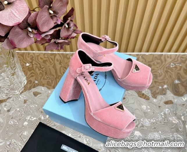 Good Quality Prada Velvet Platform Sandals 9.5cm Light Pink 611117