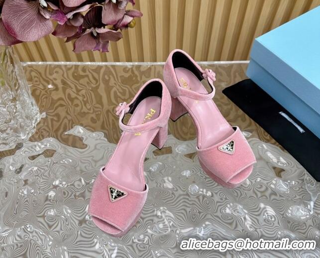 Good Quality Prada Velvet Platform Sandals 9.5cm Light Pink 611117