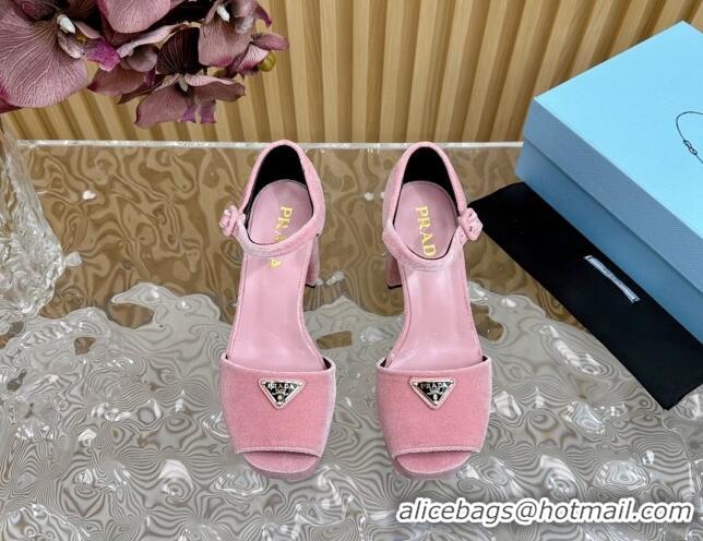 Good Quality Prada Velvet Platform Sandals 9.5cm Light Pink 611117