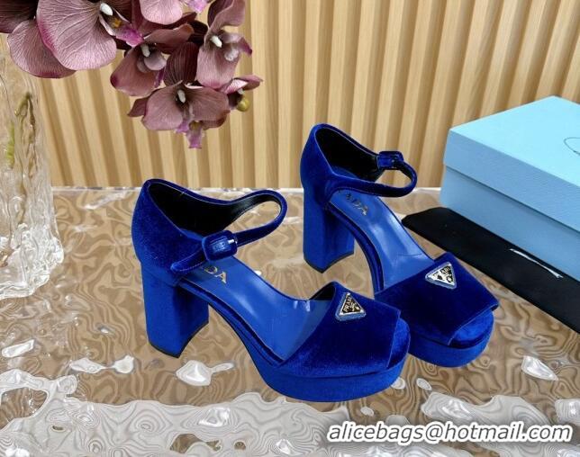 Best Price Prada Velvet Platform Sandals 9.5cm Blue 611118