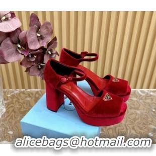 Good Looking Prada Velvet Platform Sandals 9.5cm Red 611119