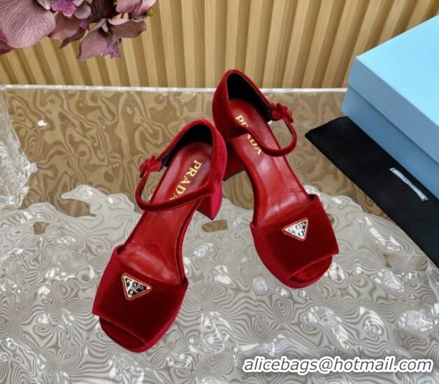 Good Looking Prada Velvet Platform Sandals 9.5cm Red 611119