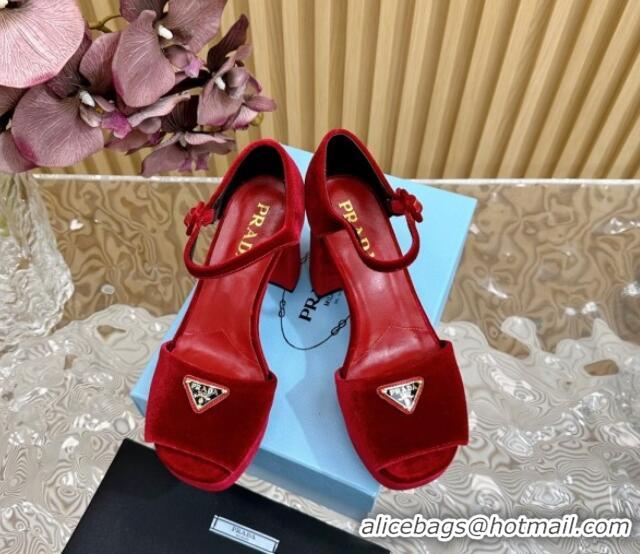 Good Looking Prada Velvet Platform Sandals 9.5cm Red 611119