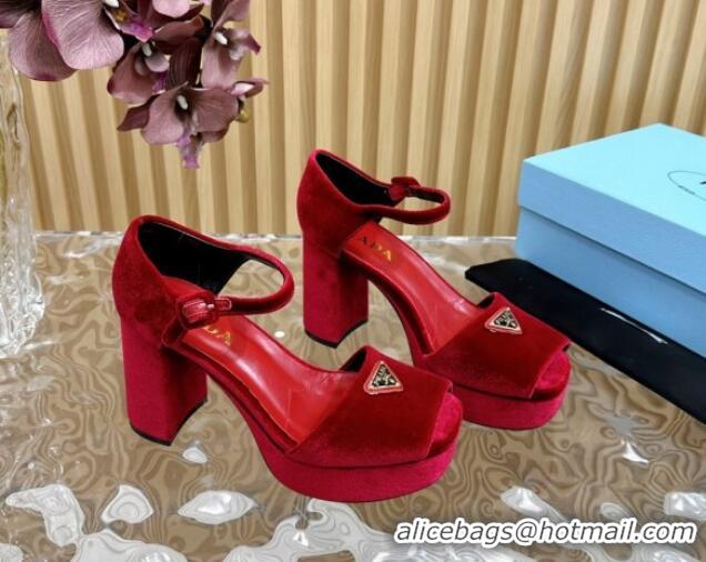 Good Looking Prada Velvet Platform Sandals 9.5cm Red 611119