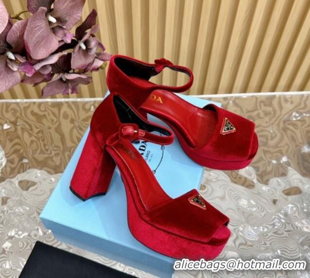 Good Looking Prada Velvet Platform Sandals 9.5cm Red 611119