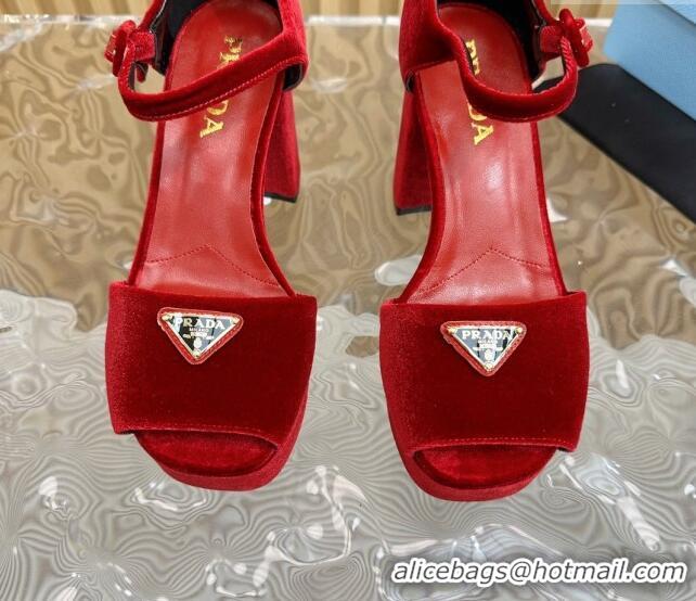 Good Looking Prada Velvet Platform Sandals 9.5cm Red 611119