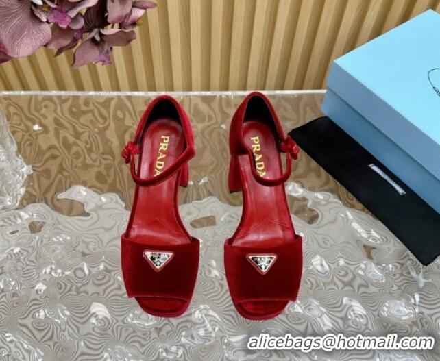 Good Looking Prada Velvet Platform Sandals 9.5cm Red 611119