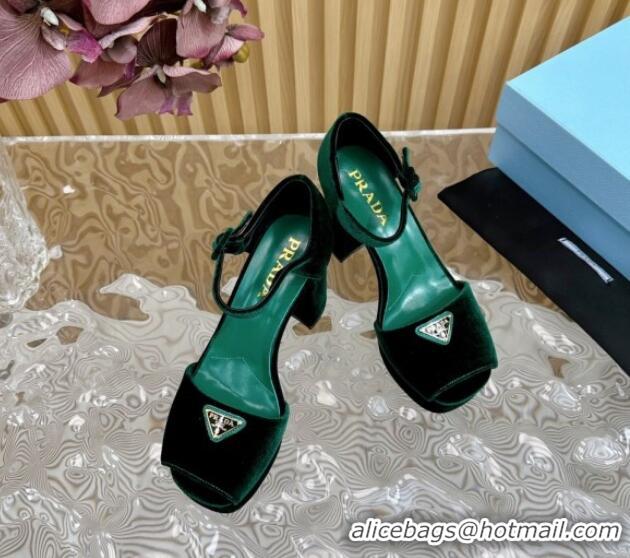 Perfect Prada Velvet Platform Sandals 9.5cm Green 611121