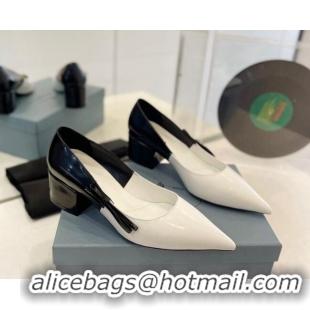 Grade Quality Prada Two-Tone Brushed leather Pumps 4.5cm with Bow White/Black 611122