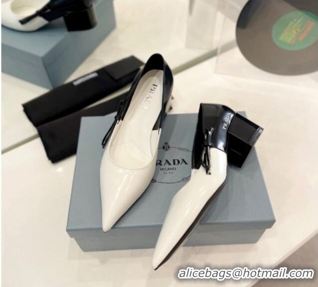 Grade Quality Prada Two-Tone Brushed leather Pumps 4.5cm with Bow White/Black 611122