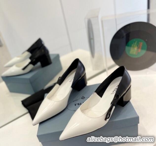 Grade Quality Prada Two-Tone Brushed leather Pumps 4.5cm with Bow White/Black 611122