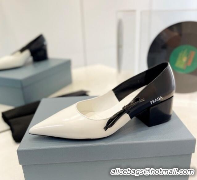 Grade Quality Prada Two-Tone Brushed leather Pumps 4.5cm with Bow White/Black 611122