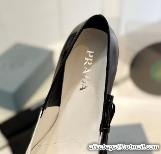 Grade Quality Prada Two-Tone Brushed leather Pumps 4.5cm with Bow White/Black 611122