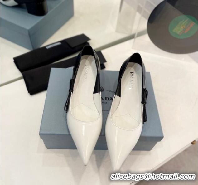 Grade Quality Prada Two-Tone Brushed leather Pumps 4.5cm with Bow White/Black 611122