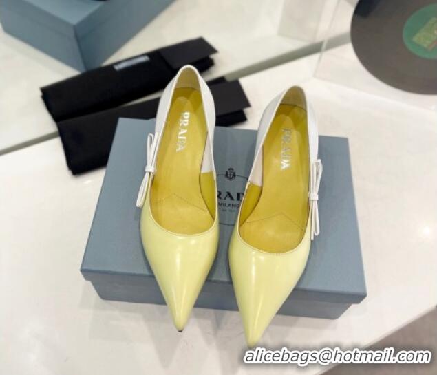 Low Price Prada Two-Tone Brushed leather Pumps 4.5cm with Bow White/Yellow 611123