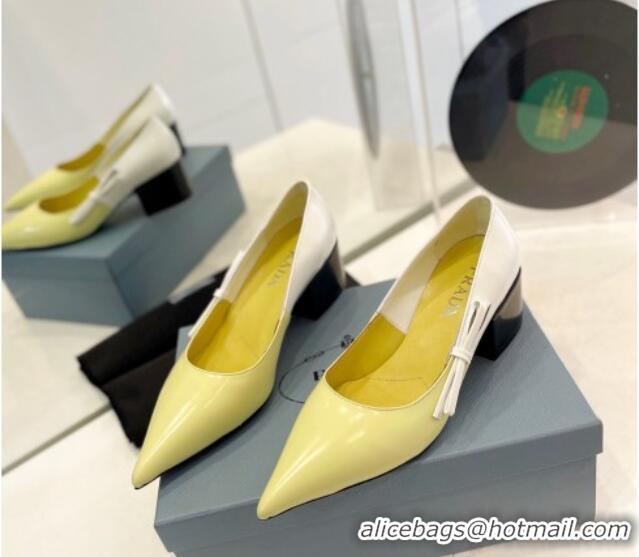 Low Price Prada Two-Tone Brushed leather Pumps 4.5cm with Bow White/Yellow 611123