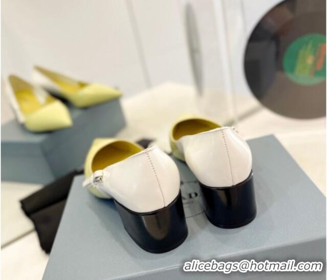 Low Price Prada Two-Tone Brushed leather Pumps 4.5cm with Bow White/Yellow 611123