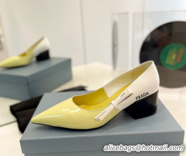 Low Price Prada Two-Tone Brushed leather Pumps 4.5cm with Bow White/Yellow 611123