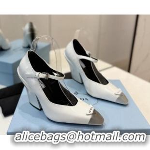 Unique Style Prada Two-Tone Brushed leather Mary Janes Pumps 8.5cm White 611126