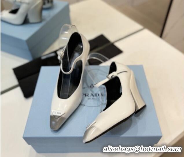 Unique Style Prada Two-Tone Brushed leather Mary Janes Pumps 8.5cm White 611126