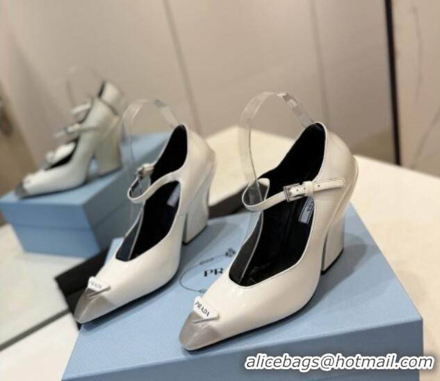 Unique Style Prada Two-Tone Brushed leather Mary Janes Pumps 8.5cm White 611126