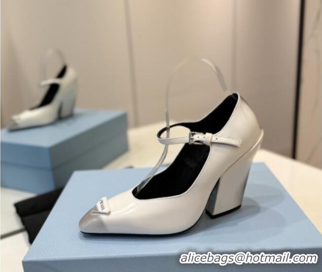 Unique Style Prada Two-Tone Brushed leather Mary Janes Pumps 8.5cm White 611126