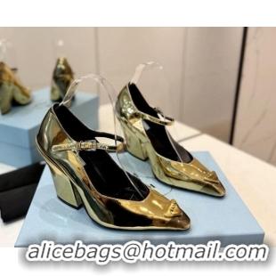 Sophisticated Prada Two-Tone Brushed leather Mary Janes Pumps 8.5cm Gold 611128