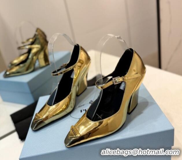 Sophisticated Prada Two-Tone Brushed leather Mary Janes Pumps 8.5cm Gold 611128