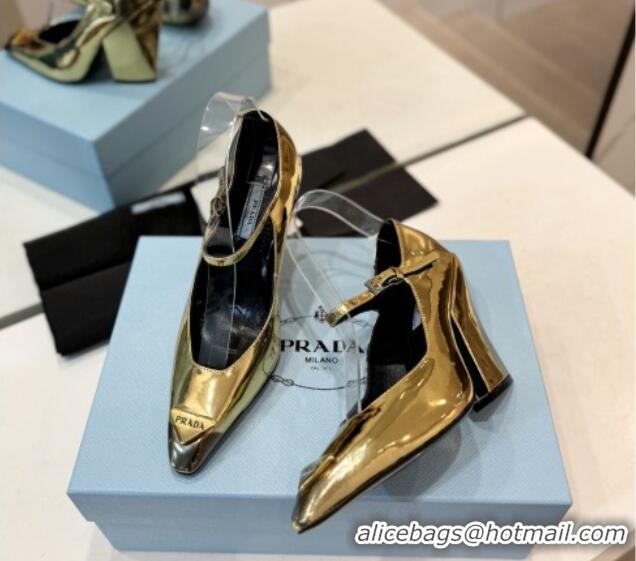 Sophisticated Prada Two-Tone Brushed leather Mary Janes Pumps 8.5cm Gold 611128