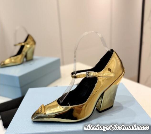 Sophisticated Prada Two-Tone Brushed leather Mary Janes Pumps 8.5cm Gold 611128