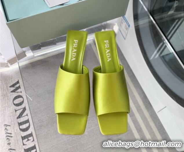 Good Quality Prada Satin Heel Slide Sandals 3.5cm with Triangle Heel Green 704002