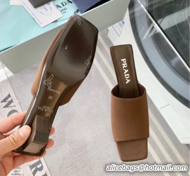 Popular Style Prada Satin Heel Slide Sandals 3.5cm with Triangle Heel Brown 704005