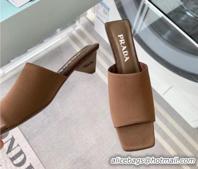 Popular Style Prada Satin Heel Slide Sandals 3.5cm with Triangle Heel Brown 704005