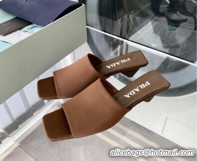 Popular Style Prada Satin Heel Slide Sandals 3.5cm with Triangle Heel Brown 704005