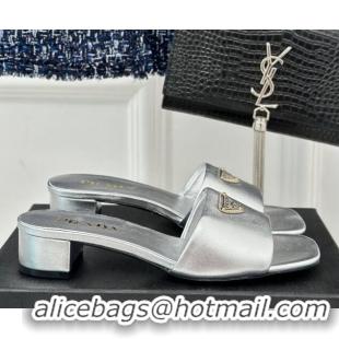 Shop Duplicate Prada Leather Heel Slides Sandal 3.5cm Silver 704007