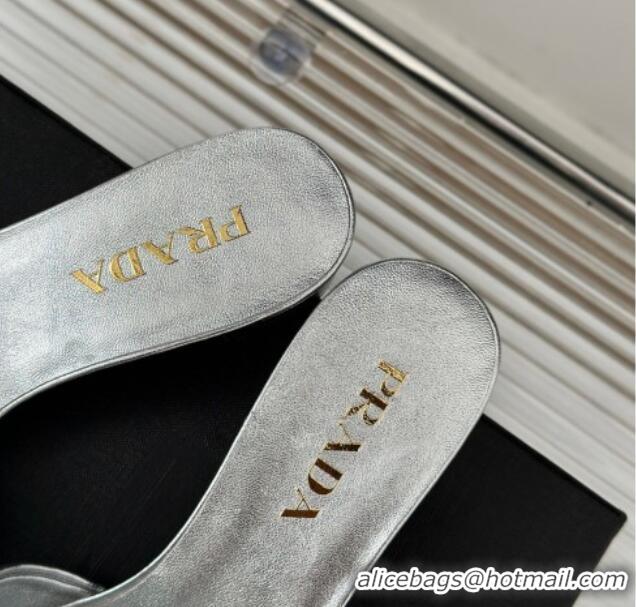 Shop Duplicate Prada Leather Heel Slides Sandal 3.5cm Silver 704007