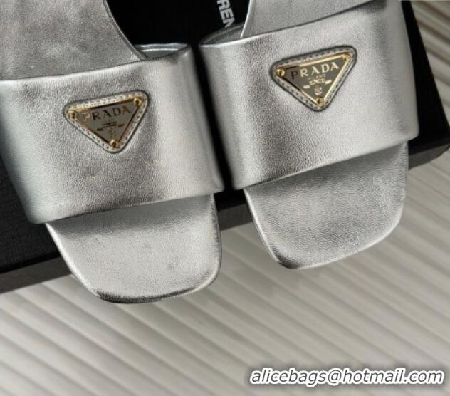 Shop Duplicate Prada Leather Heel Slides Sandal 3.5cm Silver 704007