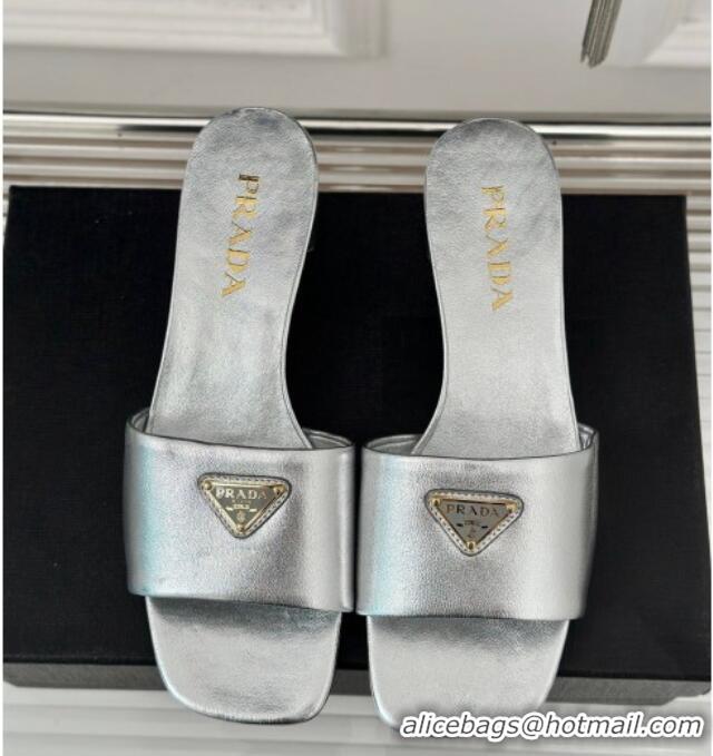 Shop Duplicate Prada Leather Heel Slides Sandal 3.5cm Silver 704007