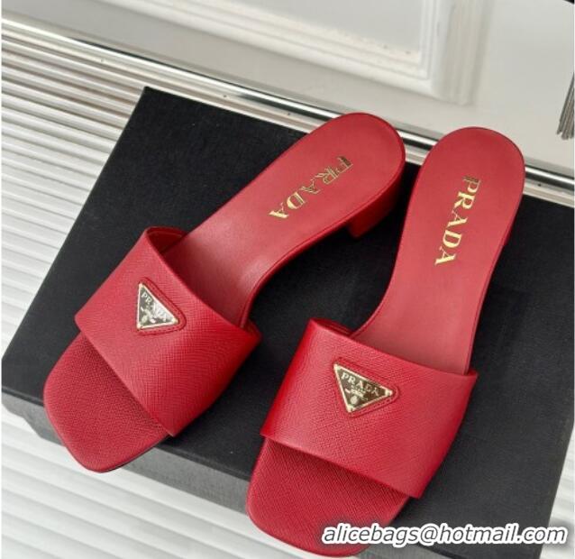 Good Product Prada Saffiano Leather Heel Slides Sandal 3.5cm Red 704008