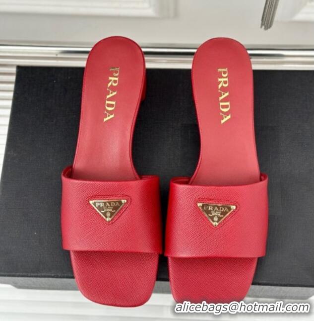 Good Product Prada Saffiano Leather Heel Slides Sandal 3.5cm Red 704008