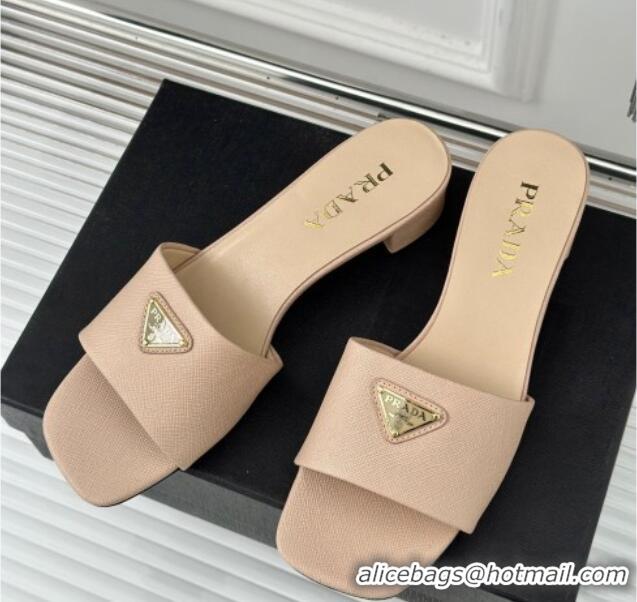 Durable Prada Saffiano Leather Heel Slides Sandal 3.5cm Beige 704009