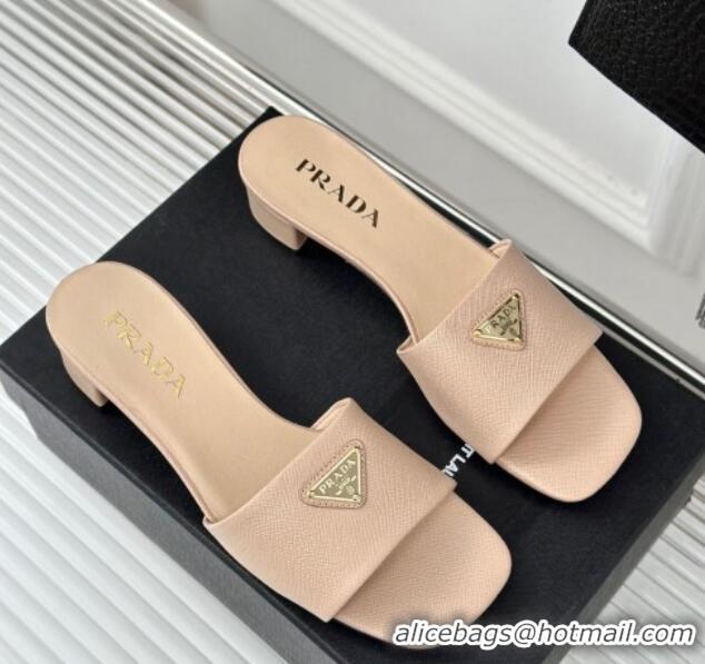 Durable Prada Saffiano Leather Heel Slides Sandal 3.5cm Beige 704009