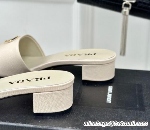 Pretty Style Prada Saffiano Leather Heel Slides Sandal 3.5cm White 04010