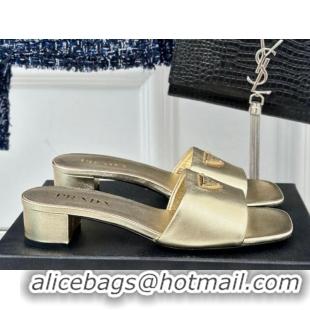 Top Grade Prada Leather Heel Slides Sandal 3.5cm Gold 704011