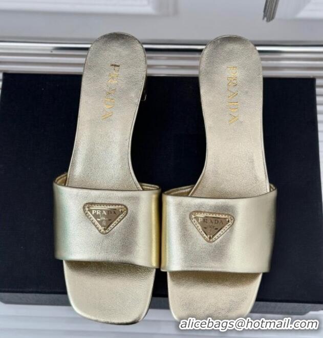 Top Grade Prada Leather Heel Slides Sandal 3.5cm Gold 704011