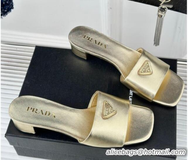 Top Grade Prada Leather Heel Slides Sandal 3.5cm Gold 704011