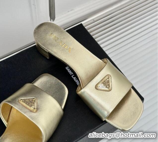 Top Grade Prada Leather Heel Slides Sandal 3.5cm Gold 704011