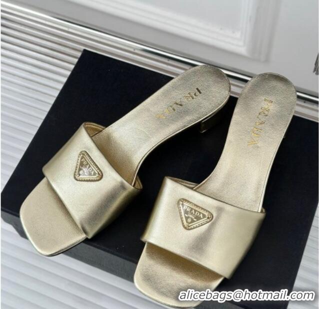 Top Grade Prada Leather Heel Slides Sandal 3.5cm Gold 704011