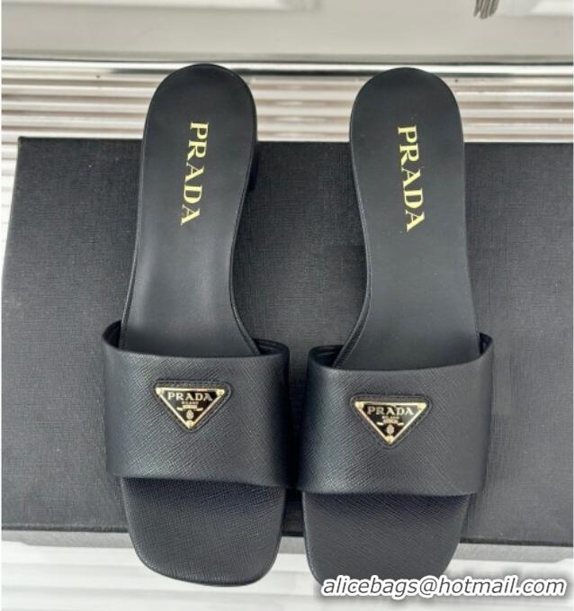 Big Discount Prada Saffiano Leather Heel Slides Sandal 3.5cm Black 704012