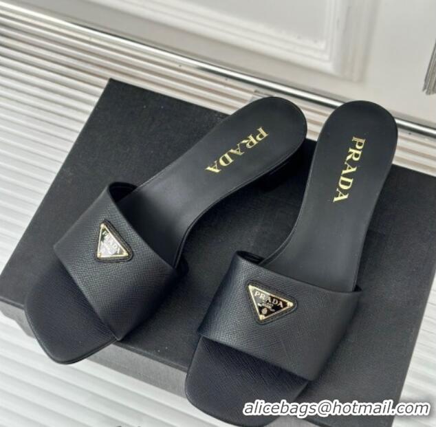 Big Discount Prada Saffiano Leather Heel Slides Sandal 3.5cm Black 704012